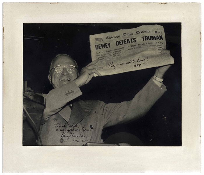 Harry Truman Twice-Signed 13.25'' x 10.5'' Photograph, Famously Showing Truman Holding Up the ''Dewey Defeats Truman'' Newspaper -- Truman Writes ''They missed the boat?''